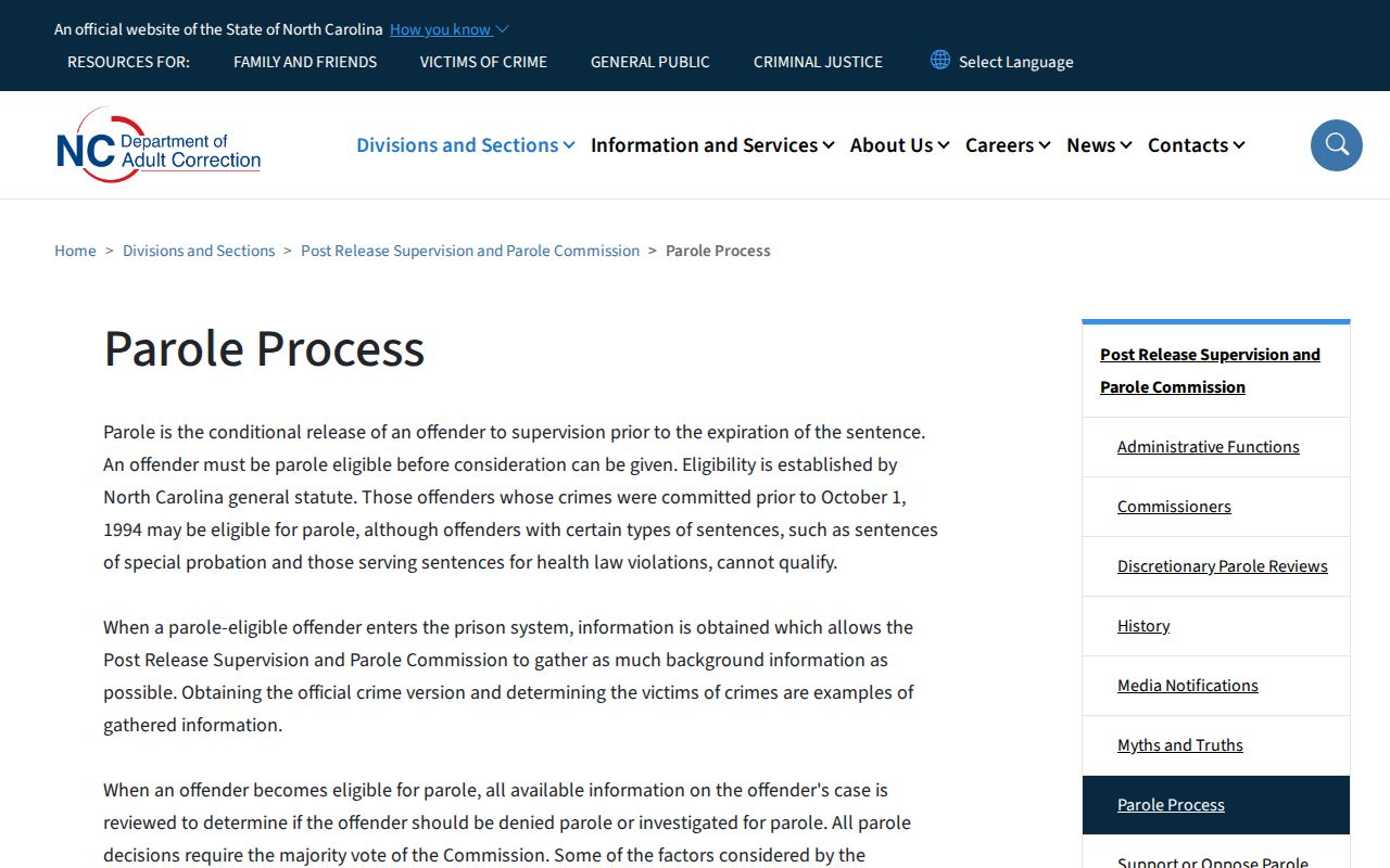 North Carolina Post-Release Supervision and Parole Commission process page