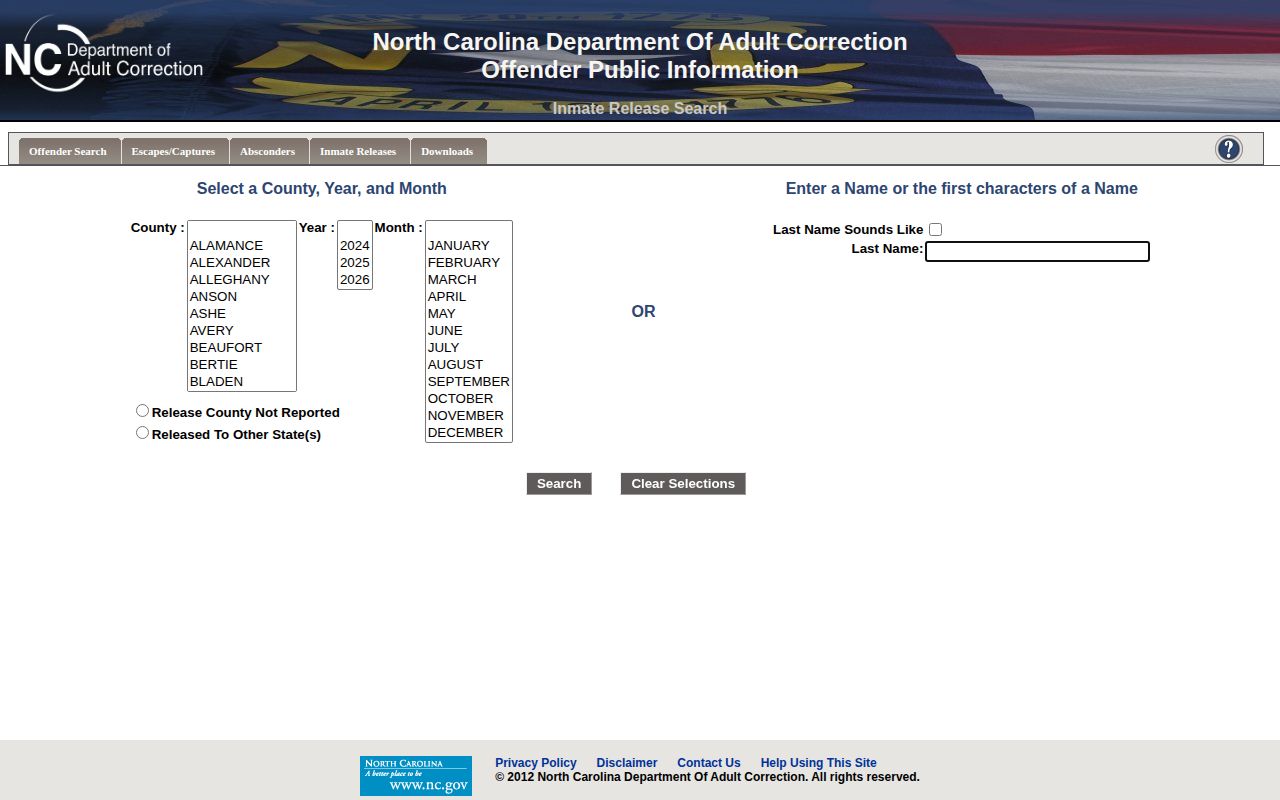 NC DAC monthly Inmate Release Search with New Hanover release county option