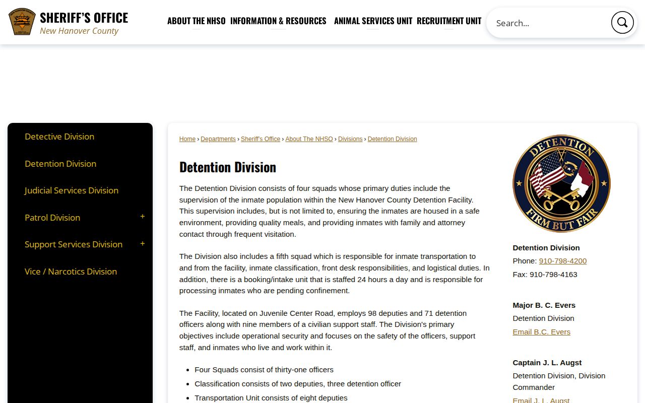 New Hanover Sheriff Detention Division page with custody and NC SAVAN contact information
